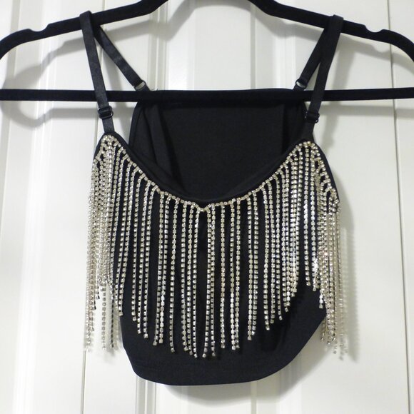 Black rhinestones strands Y2K style crop top with adjustable spaghetti s… - Picture 1 of 7